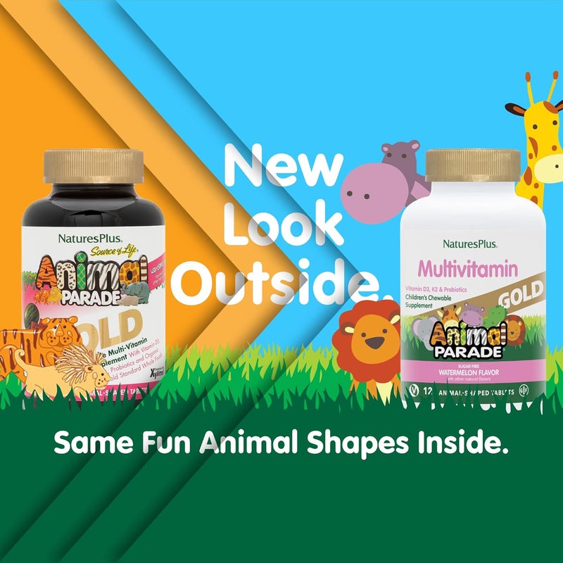 NaturesPlus Natures Plus Animal Parade Gold Multivitamin Childrens Chewables  Watermelon Flavor  120 AnimalShaped Tablets  Vitamin D3 K2  Probiotics  Vegan Gluten Free  60 Total Servings - Image 2