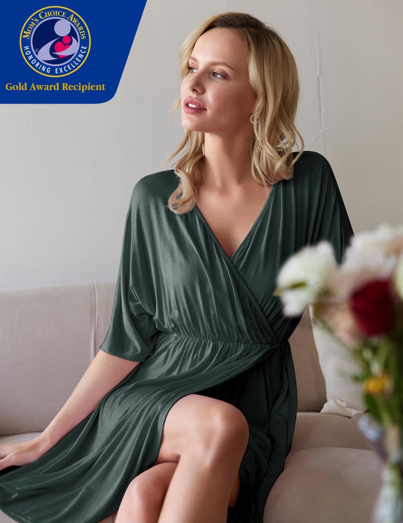 Ekouaer 3 in 1 Labor/Delivery/Hospital Gown Maternity Dress Nursing Nightgown Sleepwear for Breastfeeding, Dark Green, Medium - Image 2