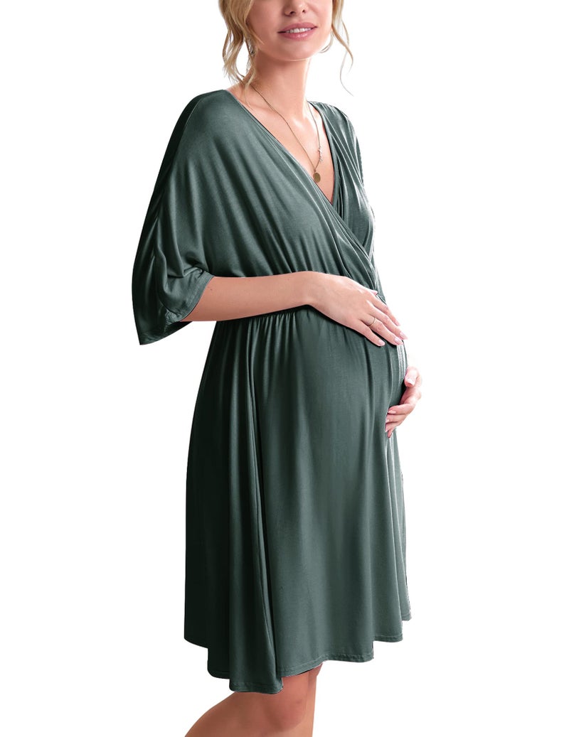 Ekouaer 3 in 1 Labor/Delivery/Hospital Gown Maternity Dress Nursing Nightgown Sleepwear for Breastfeeding, Dark Green, Medium - Image 1