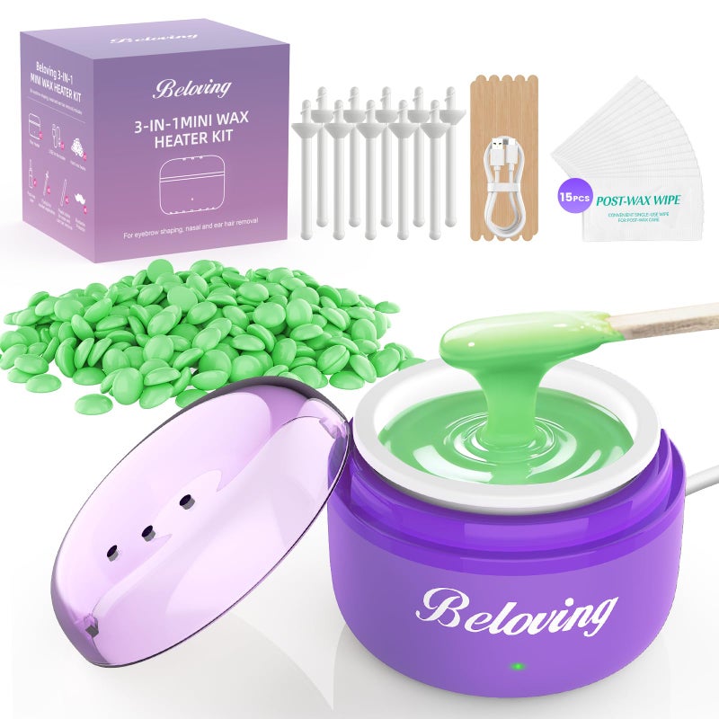 BELOVING Nose Wax Kit Men, Mini Wax Warmer for Facial Hair Removal, Ear Eyebrow Waxing Kit for Women Men With 100g Beads, 10 Applicators, 10 Nose Sticks, Portable Melt Machine for Home Travel Use - Purple - Image 1