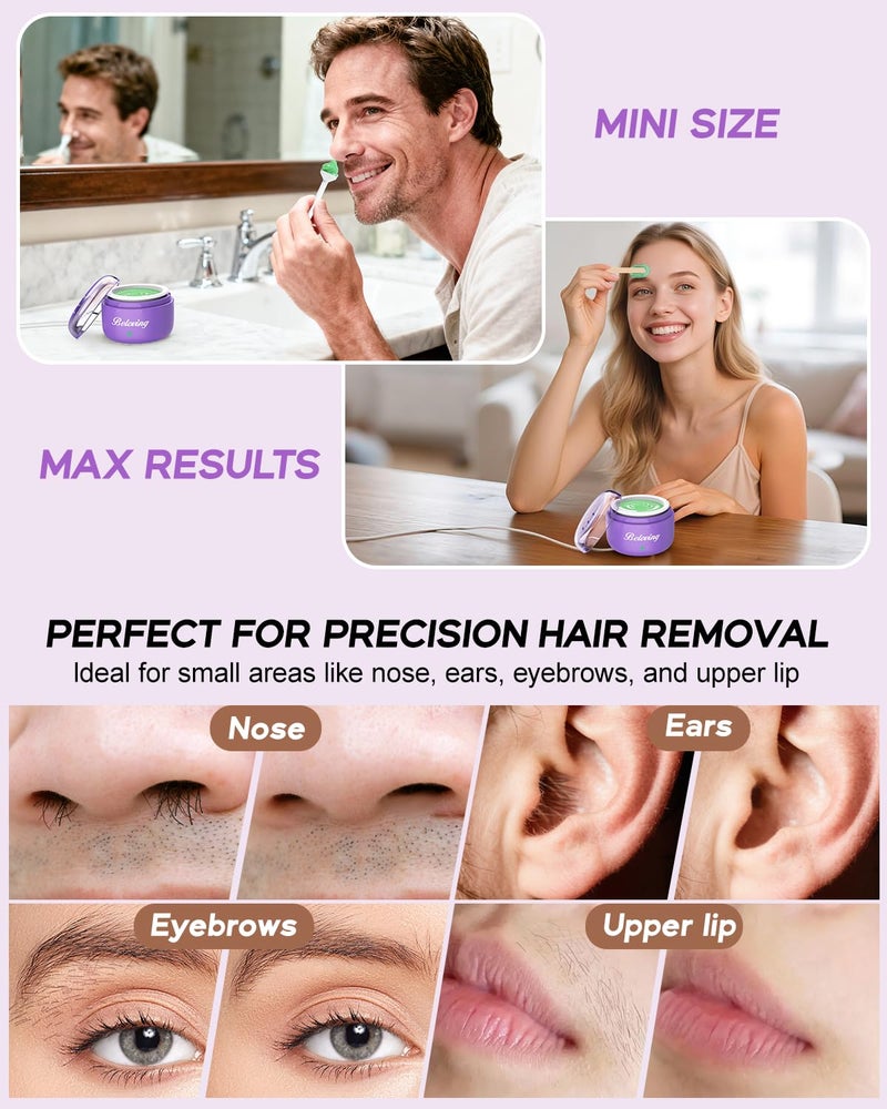 BELOVING Nose Wax Kit Men, Mini Wax Warmer for Facial Hair Removal, Ear Eyebrow Waxing Kit for Women Men With 100g Beads, 10 Applicators, 10 Nose Sticks, Portable Melt Machine for Home Travel Use - Purple - Image 2