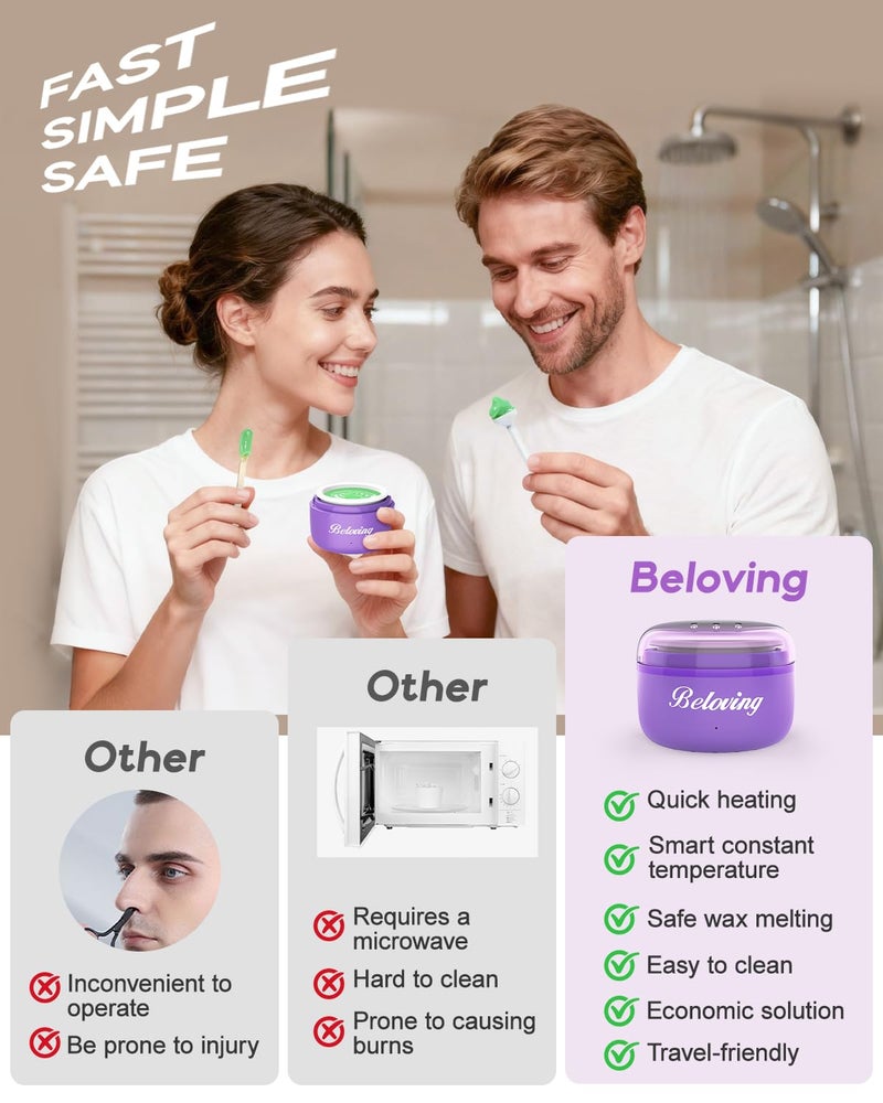 BELOVING Nose Wax Kit Men, Mini Wax Warmer for Facial Hair Removal, Ear Eyebrow Waxing Kit for Women Men With 100g Beads, 10 Applicators, 10 Nose Sticks, Portable Melt Machine for Home Travel Use - Purple - Image 3