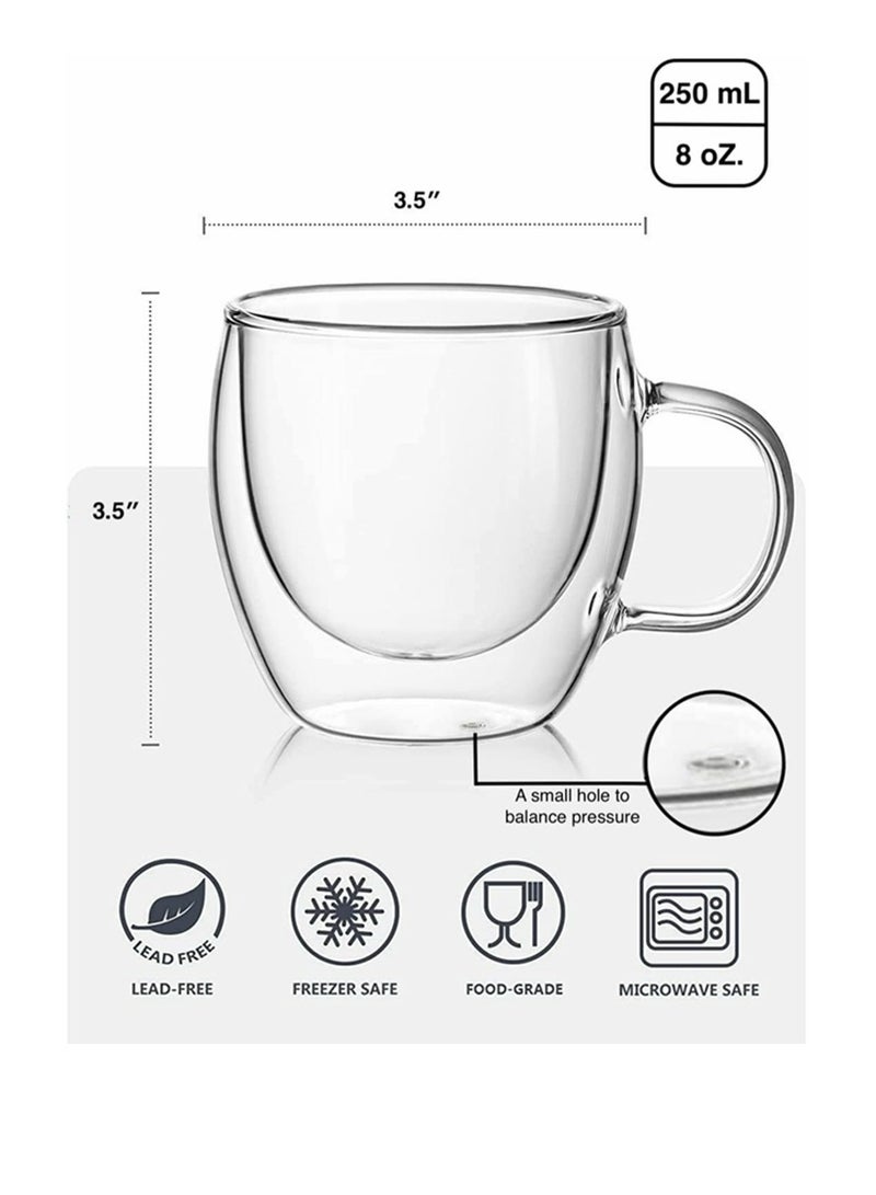 كول بيبي طقم قهوة زجاجي من كول بيبي مكون من قطعتين - كوب زجاجي معزول بجدار مزدوج مع مقبض، كوب قهوة يومي مثالي لماكينات الإسبريسو والقهوة (250 مل) - Image 5