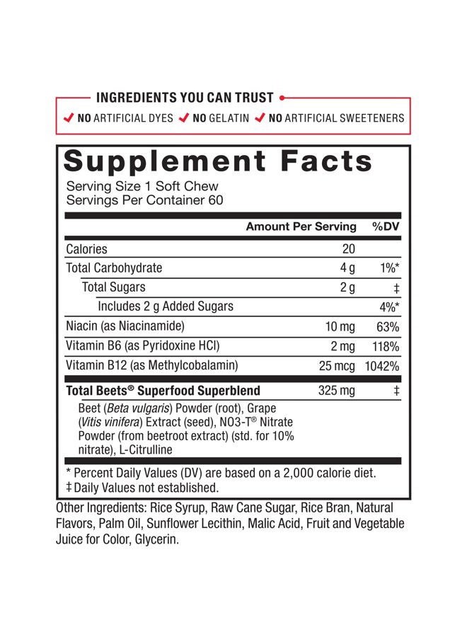 Force Factor Total Beets Soft Chews with Beetroot, Nitrates, L-Citrulline, Grapeseed Extract, & Antioxidants, Healthy Energy Supplement with Elite Ingredients for Heart, Superfood, 120 Count, 2-Pack - Image 5