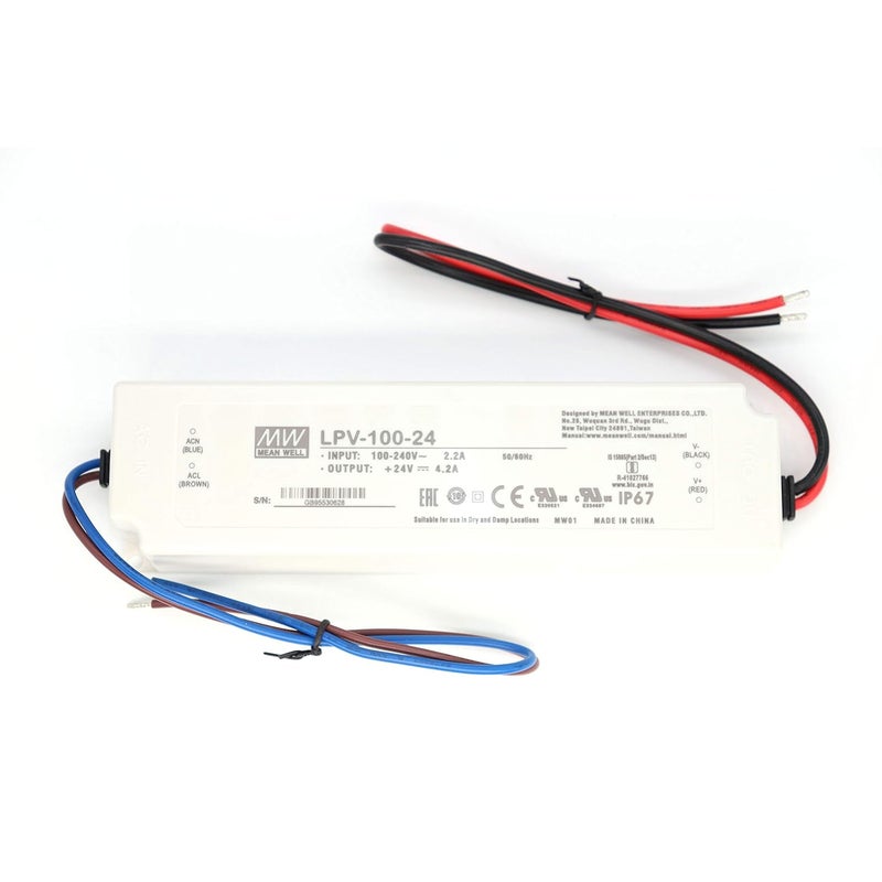 مين ويل محرك مصدر طاقة LED Meanwell LPV-100-24، قدرة 100.8 واط، تيار 4.2 أمبير، جهد 24 فولت مستمر (DC)، معايير حماية IP67. مناسب لشرائط الإضاءة LED. - Image 1