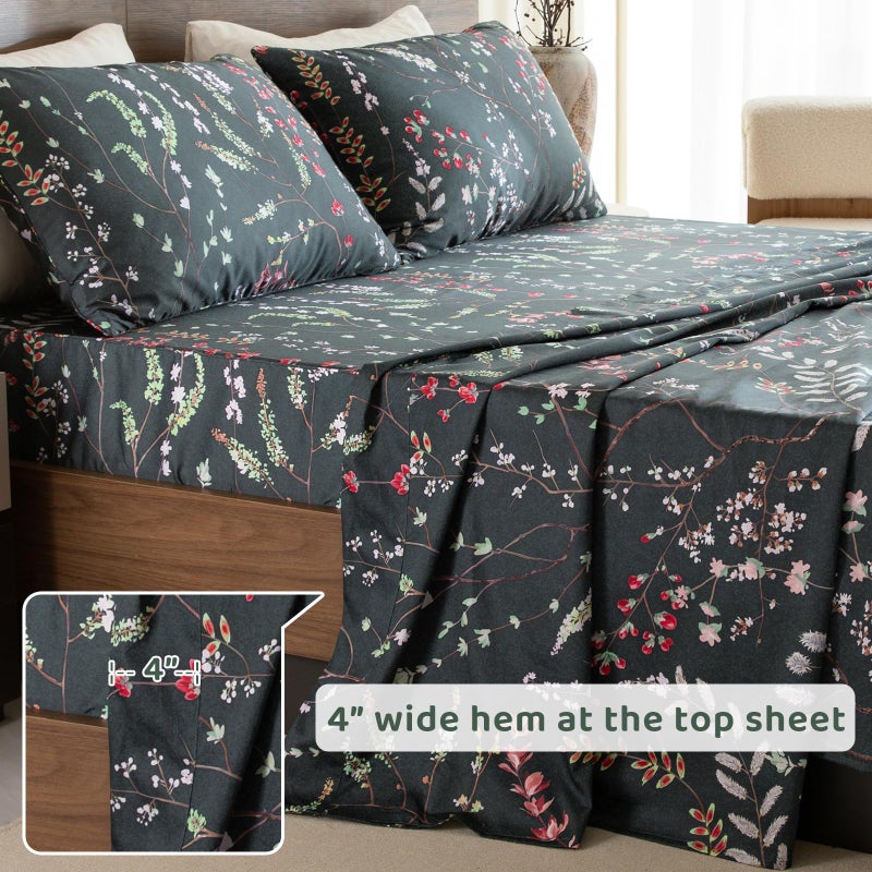 QSH Floral Egyptian Cotton Sheets Queen Size - Elegant Navy Botanical Pattern Printed Bedding Sheets Queen Size Bed Extra Soft and Breathable 4pcs Deep Pockets Bed Sheets - Image 5