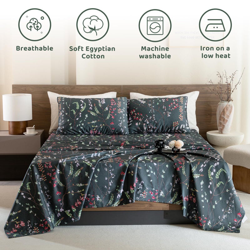 QSH Floral Egyptian Cotton Sheets Queen Size - Elegant Navy Botanical Pattern Printed Bedding Sheets Queen Size Bed Extra Soft and Breathable 4pcs Deep Pockets Bed Sheets - Image 3