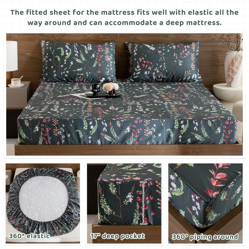 QSH Floral Egyptian Cotton Sheets Queen Size - Elegant Navy Botanical Pattern Printed Bedding Sheets Queen Size Bed Extra Soft and Breathable 4pcs Deep Pockets Bed Sheets - Image 4