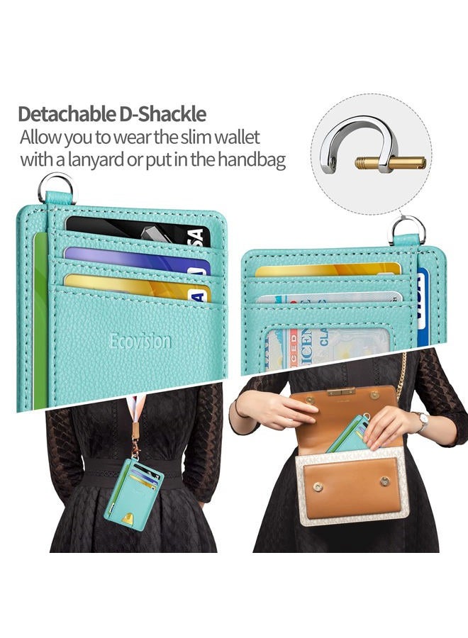EcoVision Slim Minimalist Front Pocket Wallet, RFID Blocking Credit Card Holder Wallet with Detachable D-Shackle for Men Women, 1 Litchi Ocean Blue, M, Fashionable - Image 3