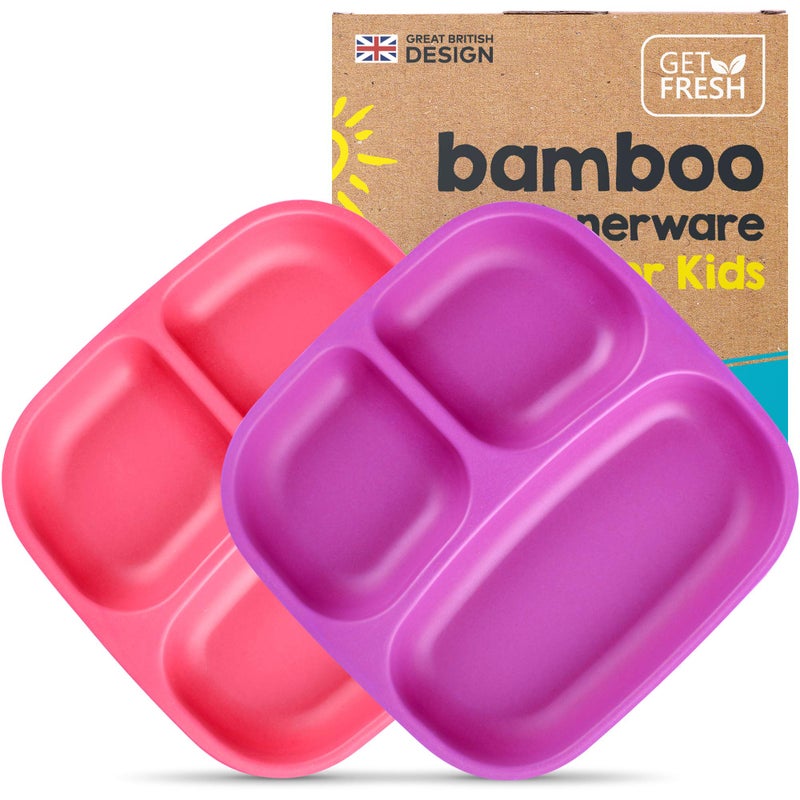 GET FRESH Bamboo Kids Divided Plates Set 2-Pack 3-Compartment Plates for Kids Meals Reusable Dinnerware - Image 1