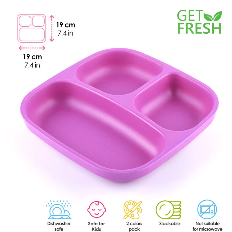 GET FRESH Bamboo Kids Divided Plates Set 2-Pack 3-Compartment Plates for Kids Meals Reusable Dinnerware - Image 2