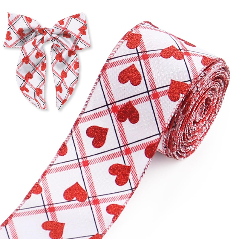 Habbiful 2.5"Ã—10 Yards Valentine's Day Wired Ribbon Glitter Red Love Heart Ribbon for Crafts Wreath Bows Wrapping White Red Plaid Ribbon for Valentines Wedding Anniversary Party Decoration - Image 1