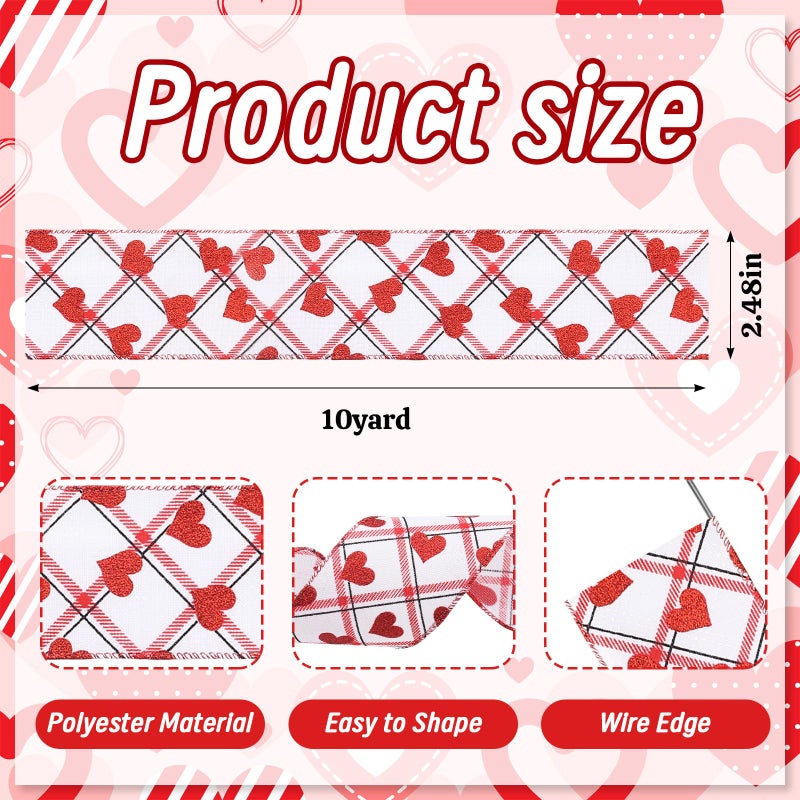Habbiful 2.5"Ã—10 Yards Valentine's Day Wired Ribbon Glitter Red Love Heart Ribbon for Crafts Wreath Bows Wrapping White Red Plaid Ribbon for Valentines Wedding Anniversary Party Decoration - Image 2