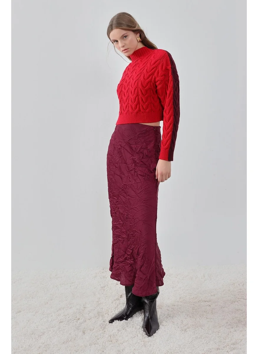 Pieces Of Melon Claret Red Crash Midi Satin Skirt