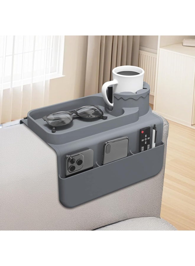 Premium Silicone Sofa Armrest Organizer, Cup Holder Caddy with Storage Pockets, Anti-Slip Couch Tray, Gray - Image 1