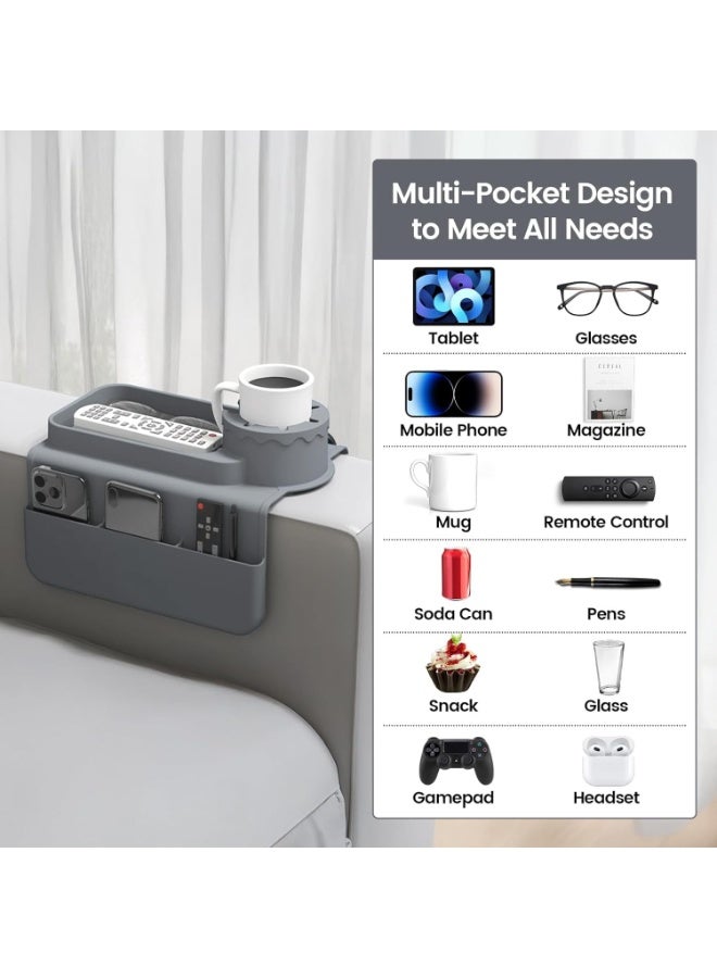 Premium Silicone Sofa Armrest Organizer, Cup Holder Caddy with Storage Pockets, Anti-Slip Couch Tray, Gray - Image 2