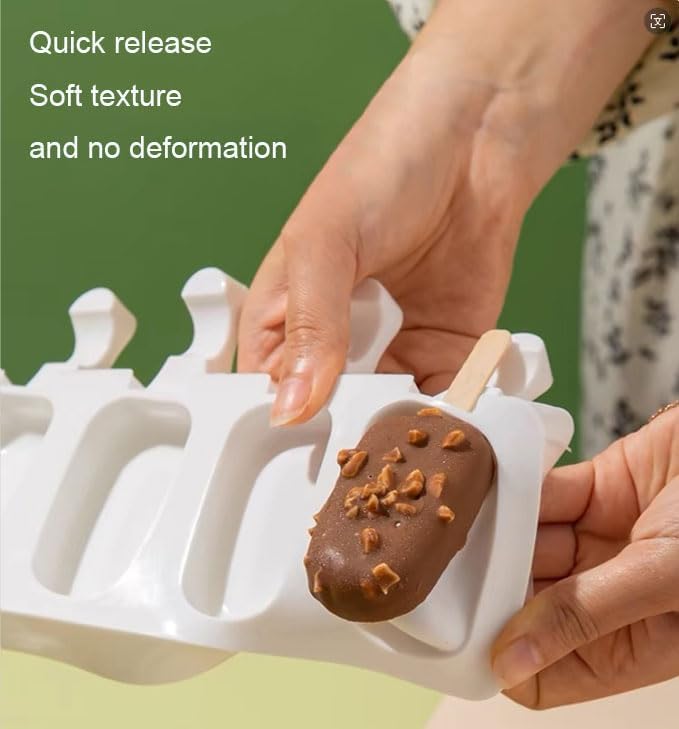 Undy Cakesicle Mould Silicone Ice Pop Molds Popsicle Mold Ice Cream Moulds Mini Candy Choco Bar Making Mould 4 Cavity Oval Shape, Pack of 1, with 100 Wooden Sticks - Image 3