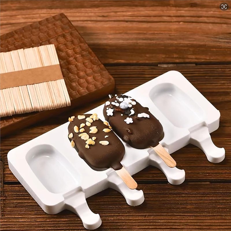 Undy Cakesicle Mould Silicone Ice Pop Molds Popsicle Mold Ice Cream Moulds Mini Candy Choco Bar Making Mould 4 Cavity Oval Shape, Pack of 1, with 100 Wooden Sticks - Image 2