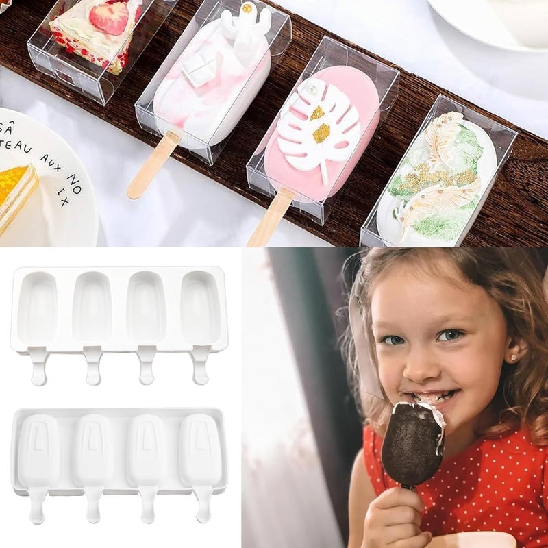 Undy Cakesicle Mould Silicone Ice Pop Molds Popsicle Mold Ice Cream Moulds Mini Candy Choco Bar Making Mould 4 Cavity Oval Shape, Pack of 1, with 100 Wooden Sticks - Image 4