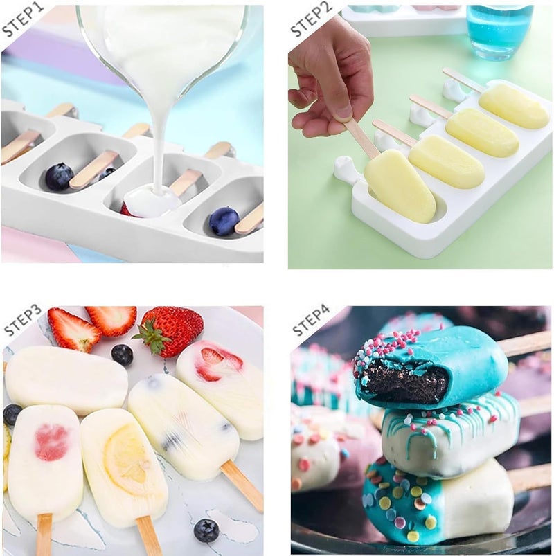 Undy Cakesicle Mould Silicone Ice Pop Molds Popsicle Mold Ice Cream Moulds Mini Candy Choco Bar Making Mould 4 Cavity Oval Shape, Pack of 1, with 100 Wooden Sticks - Image 5