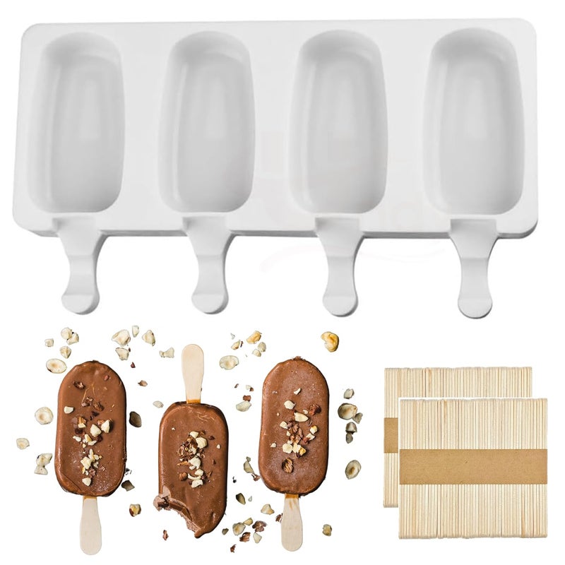 Undy Cakesicle Mould Silicone Ice Pop Molds Popsicle Mold Ice Cream Moulds Mini Candy Choco Bar Making Mould 4 Cavity Oval Shape, Pack of 1, with 100 Wooden Sticks - Image 1