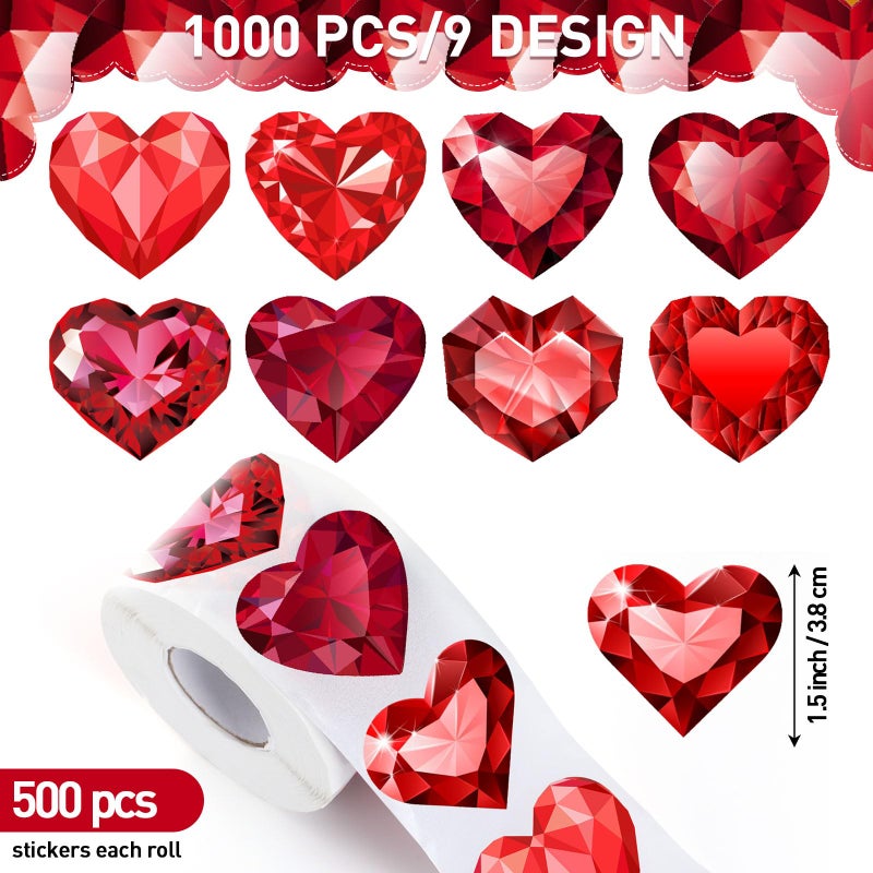 Containlol 1000 Pcs Red Heart Rhinestone Stickers 2 Rolls 1.5 Inches Valentines Day Stickers Love Theme Self Adhesive Seal Decals for Gift Bags Greeting Cards Party Supplies(Heart) - Image 3