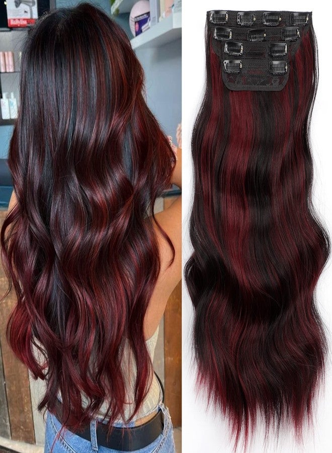 Vigorous Clip in Hair Extensions 4Pcs Black Burgundy mixed Synthetic Hair Extension 20 Inches Full Head Thick Long Wavy Synthetic Hairpieces for Women - Image 1