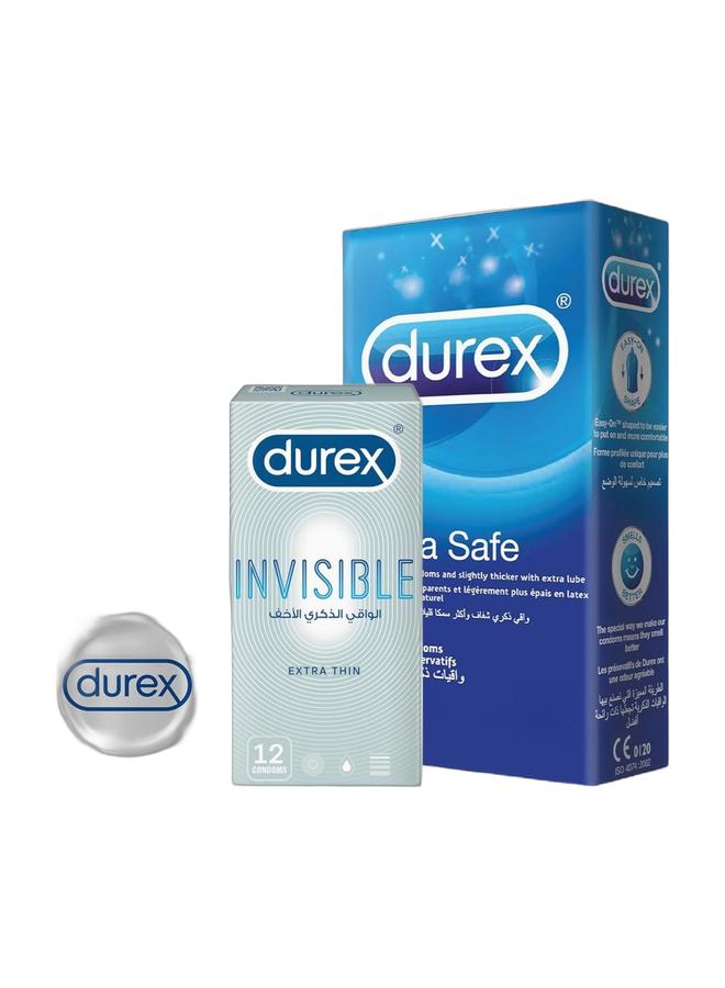 Durex Invisible Extra Thin Condoms Pack Of 12 & 12-Piece Latex Extra Safe CondomsBundle - Image 1