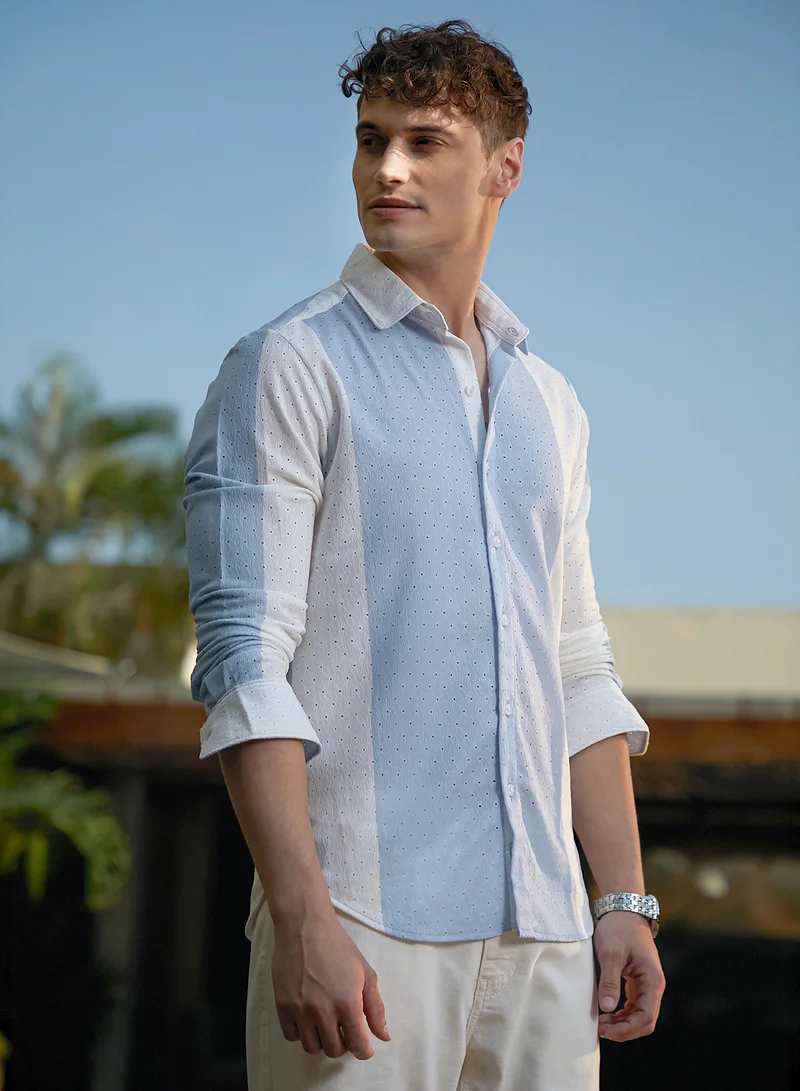 Campus Sutra Campus Sutra Men's Powder Blue & Daisy White Panel-Tactile Shirt For Casual Wear | Spread Collar | Long Cuffed Sleeves | Button Closure | Shirt Crafted With Comfort Fit For Everyday Wear