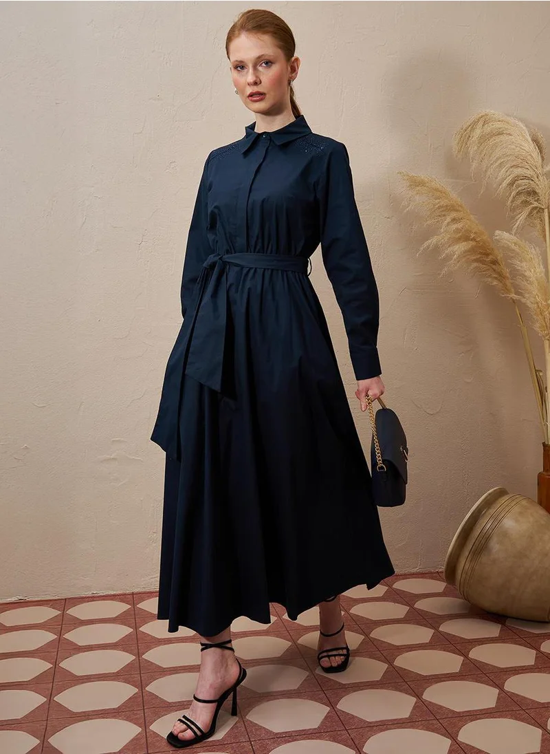 Kayra Belted Poplin Dress Dark Navy