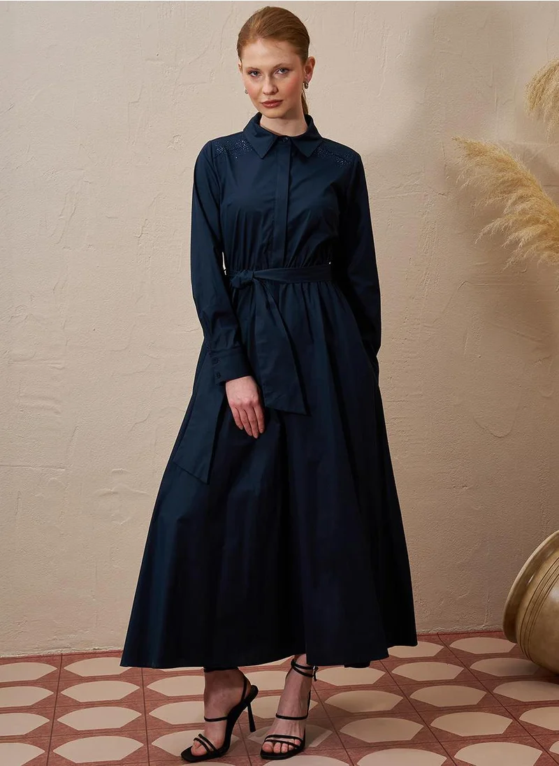 Kayra Belted Poplin Dress Dark Navy