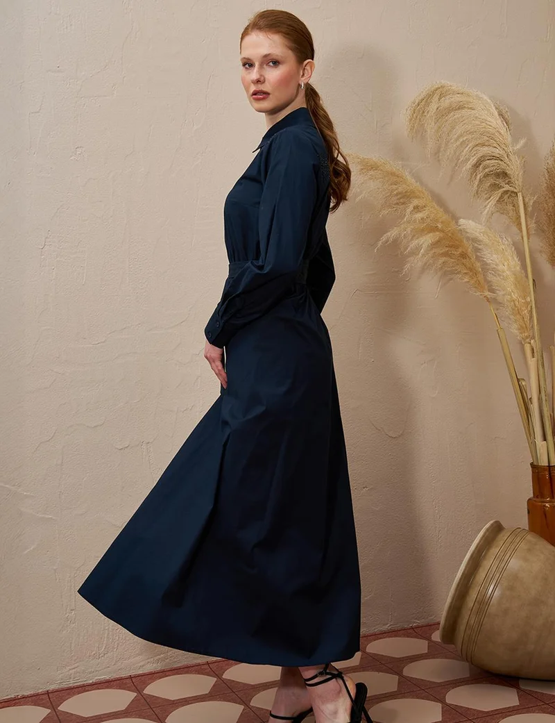 Kayra Belted Poplin Dress Dark Navy