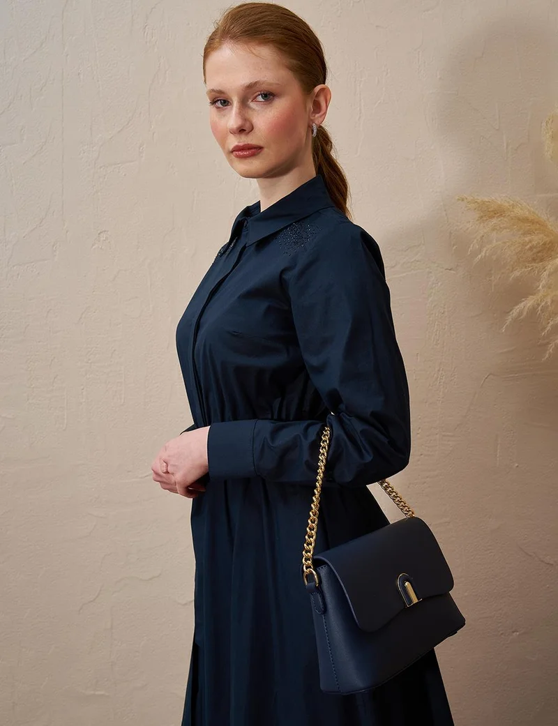 Kayra Belted Poplin Dress Dark Navy