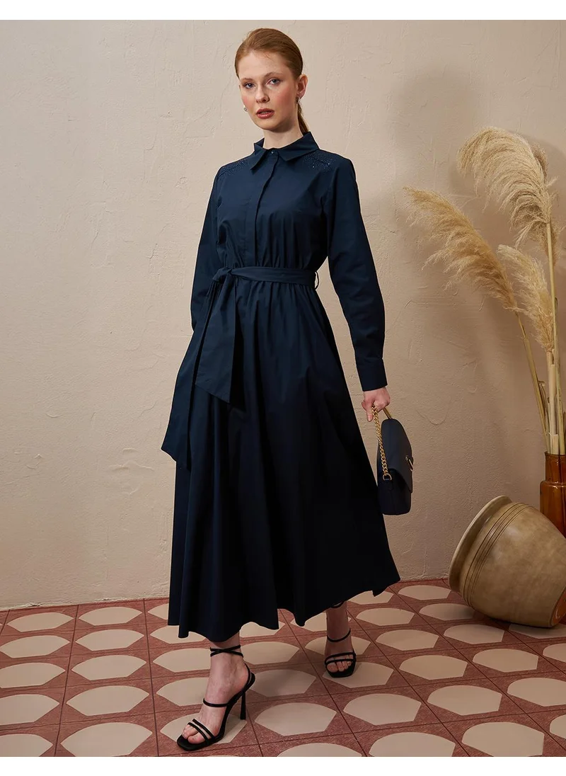 Kayra Belted Poplin Dress Dark Navy