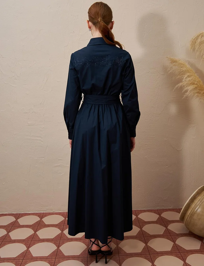 Kayra Belted Poplin Dress Dark Navy