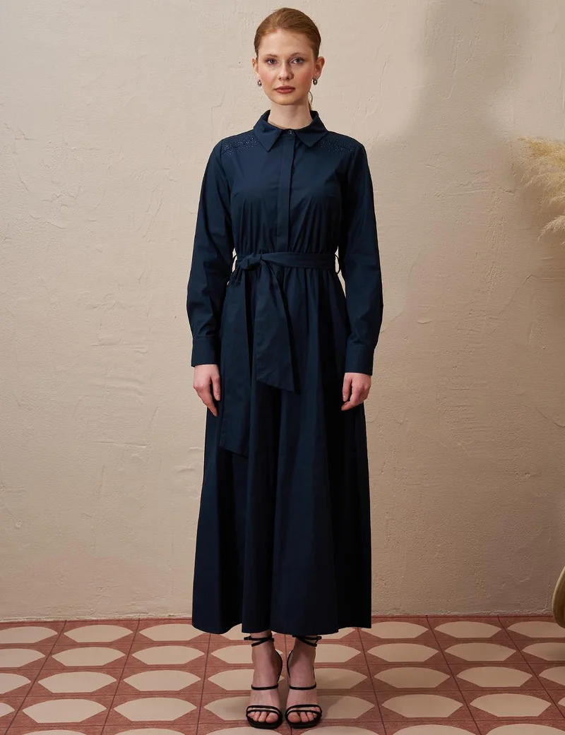 Kayra Belted Poplin Dress Dark Navy