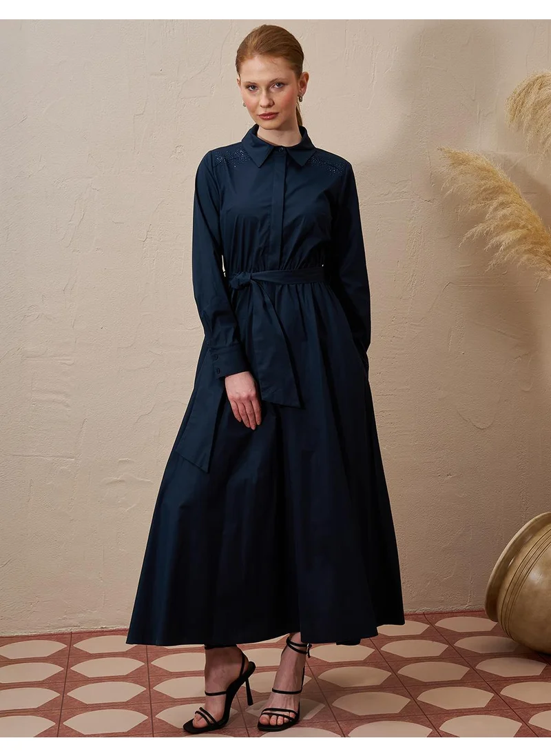 Kayra Belted Poplin Dress Dark Navy
