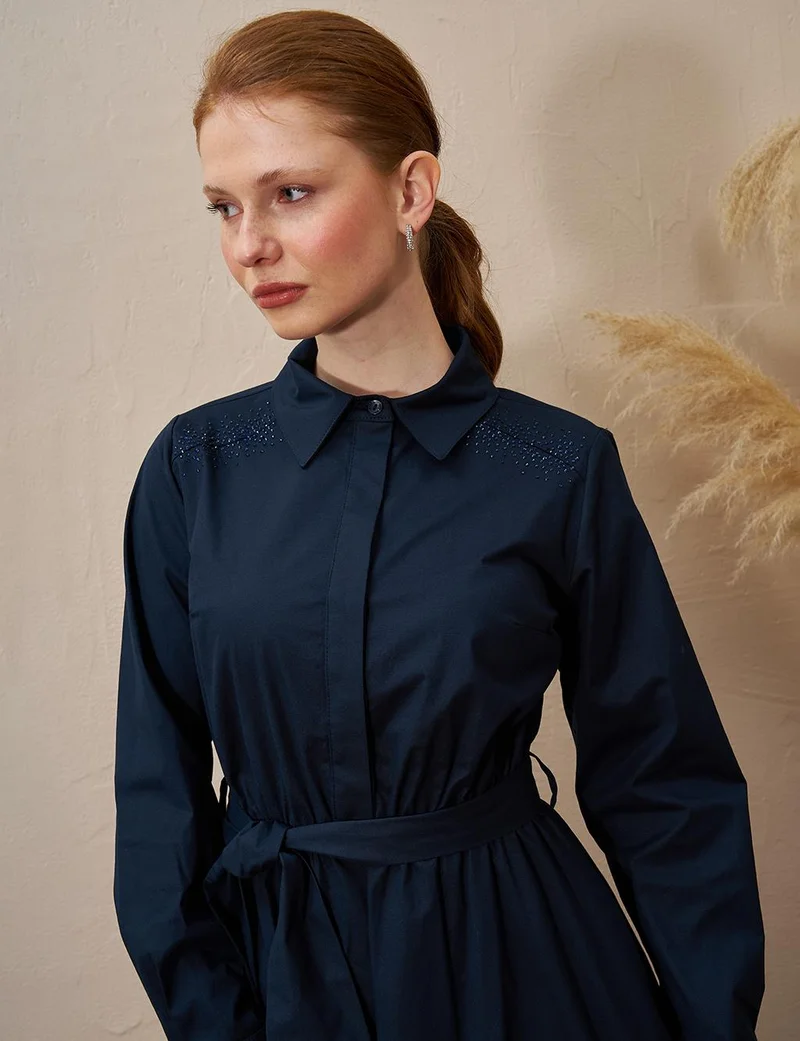 Kayra Belted Poplin Dress Dark Navy