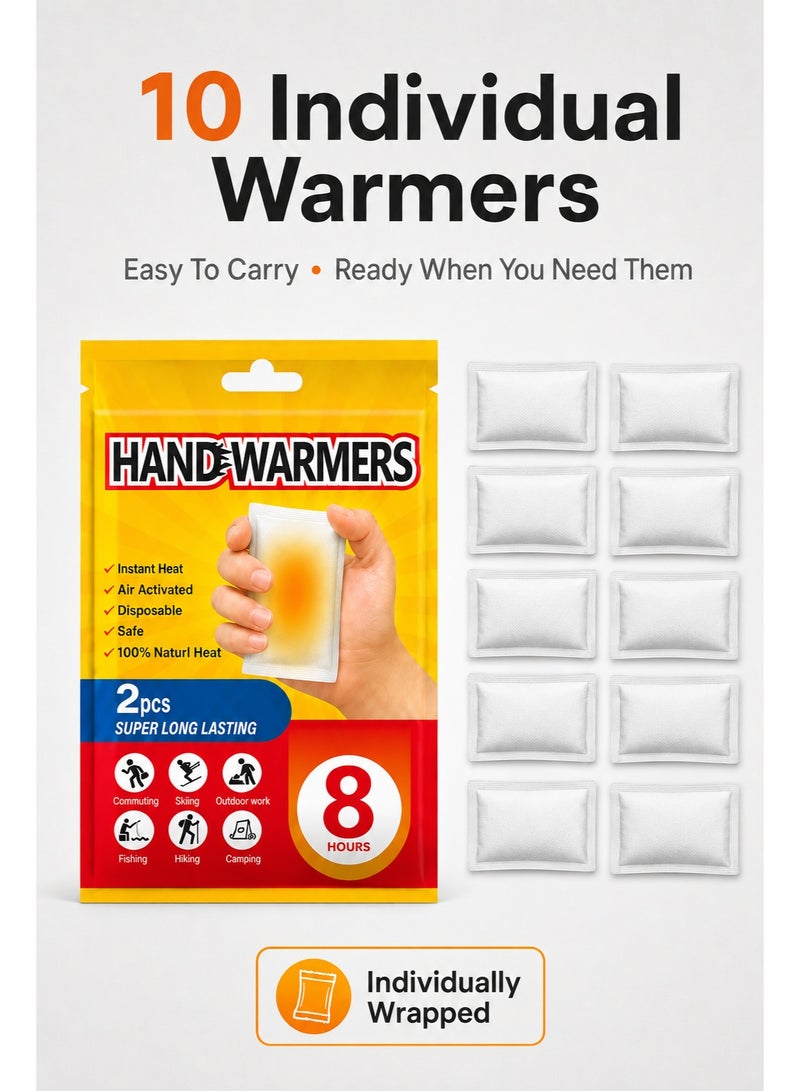 10pcs Disposable Hand Warmers, Air Activated Heat Packs, Up to 8 Hours Long Lasting Warmth, Portable Pocket Warmers for Camping, Hiking, Travel & Outdoor Use - Image 1