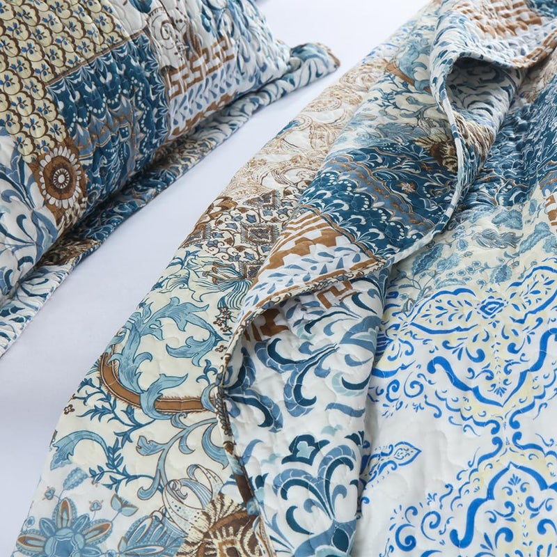 ENASAL Cotton Bedspread Quilt Bedding Sets Reversible Coverlet Comforters Blue Bohemian Rustic Floral Patchwork Pattern Bedspread for All Season,King Size - Image 4