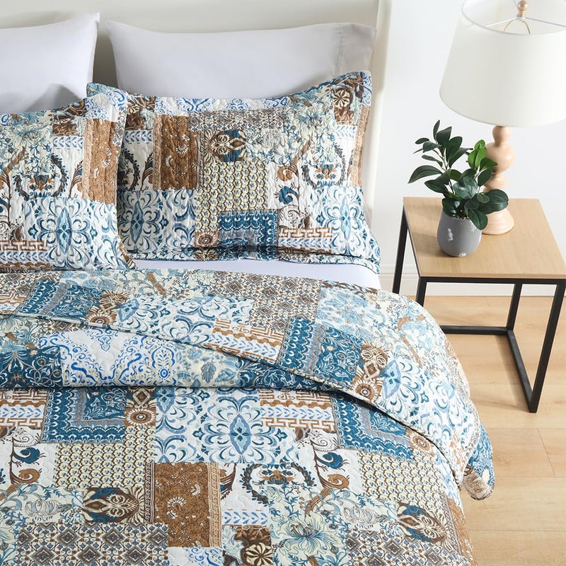 ENASAL Cotton Bedspread Quilt Bedding Sets Reversible Coverlet Comforters Blue Bohemian Rustic Floral Patchwork Pattern Bedspread for All Season,King Size - Image 2