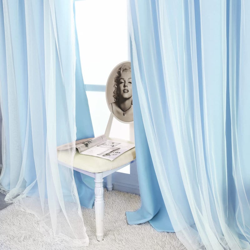 SOFJAGETQ Light Blue Blackout Curtains 84 inch Length - Double Layers Blue Romantic Curtains with Sheer Overlay, Window Curtains & Drapes for Kids/Girls/Boys Bedroom Living Room Nursery, 2 PCs - Image 3
