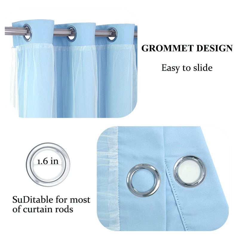 SOFJAGETQ Light Blue Blackout Curtains 84 inch Length - Double Layers Blue Romantic Curtains with Sheer Overlay, Window Curtains & Drapes for Kids/Girls/Boys Bedroom Living Room Nursery, 2 PCs - Image 4