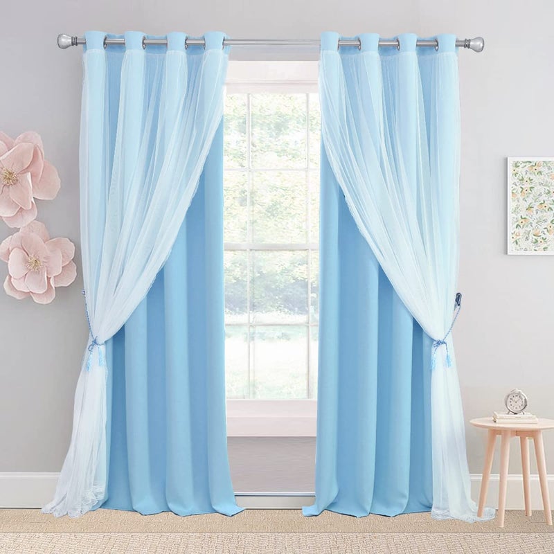 SOFJAGETQ Light Blue Blackout Curtains 84 inch Length - Double Layers Blue Romantic Curtains with Sheer Overlay, Window Curtains & Drapes for Kids/Girls/Boys Bedroom Living Room Nursery, 2 PCs - Image 1