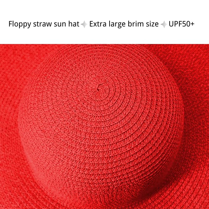 Tinkeep Oversized Beach Straw Hats for Women for Women Extra Large Wide Brim Beach Hat Foldable Roll up Floppy Sun Hat (Red) - Image 4