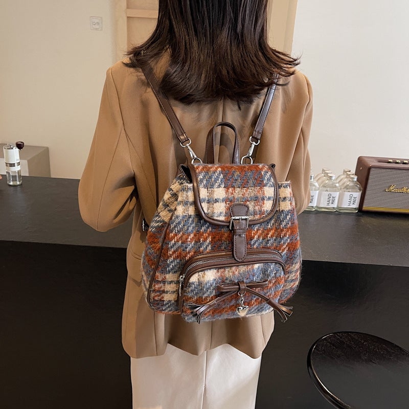 2025 Niche Women'S Bag Contrast Color Woolen Backpack Korean-Style Instagram Popular Fashionable Casual Tote Bag Portable Small Bag - Image 5