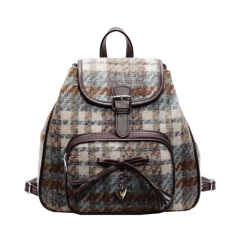 2025 Niche Women'S Bag Contrast Color Woolen Backpack Korean-Style Instagram Popular Fashionable Casual Tote Bag Portable Small Bag - Image 1