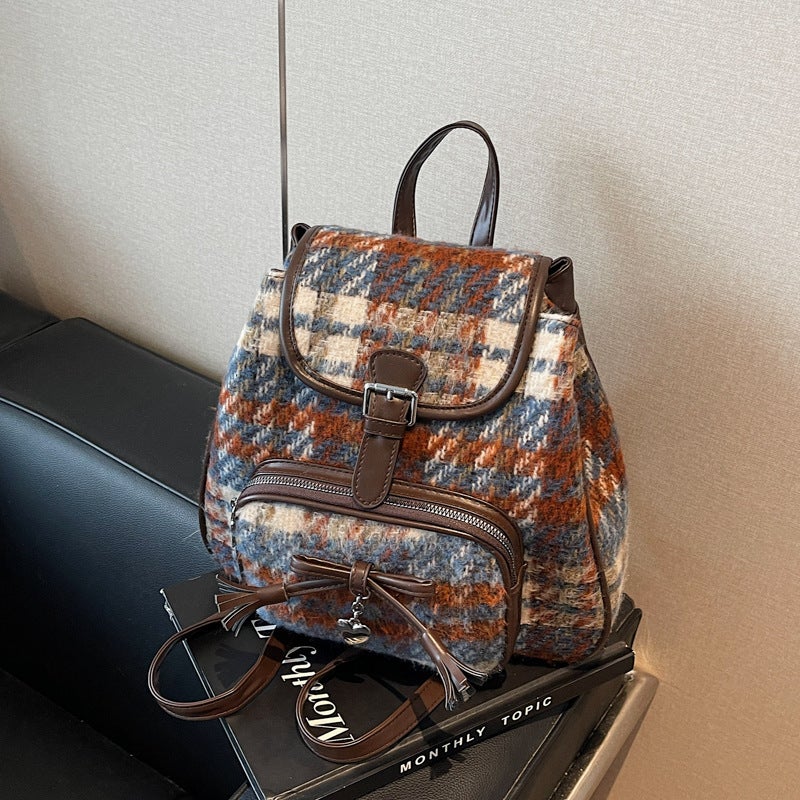 2025 Niche Women'S Bag Contrast Color Woolen Backpack Korean-Style Instagram Popular Fashionable Casual Tote Bag Portable Small Bag - Image 2