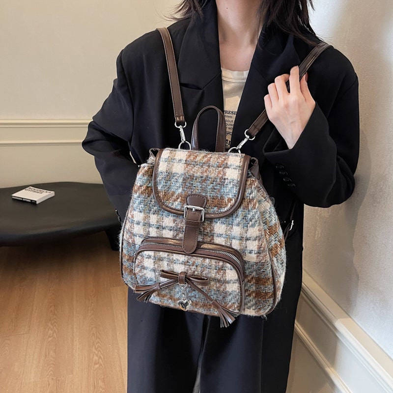 2025 Niche Women'S Bag Contrast Color Woolen Backpack Korean-Style Instagram Popular Fashionable Casual Tote Bag Portable Small Bag - Image 3
