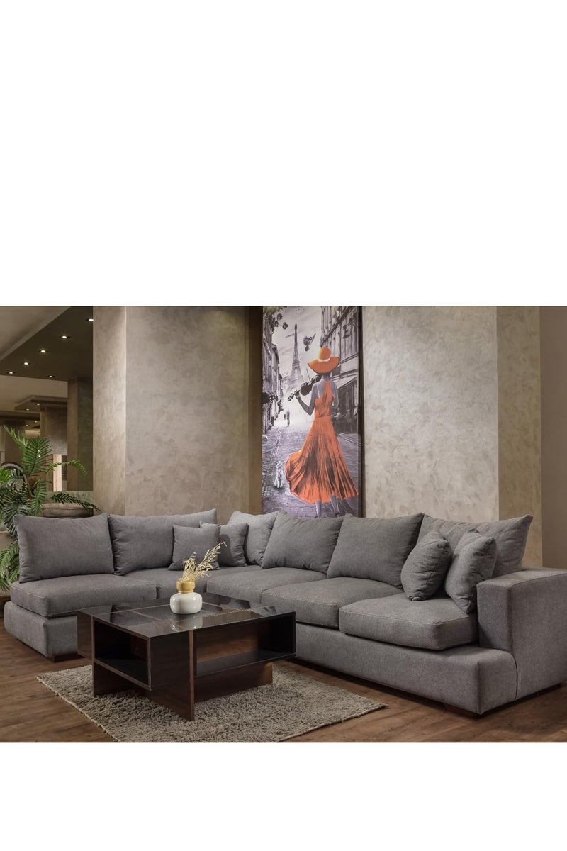 ركنة مودرن حرف L – قماش كتان وخشب زان – مقاس 300×200×100 سم